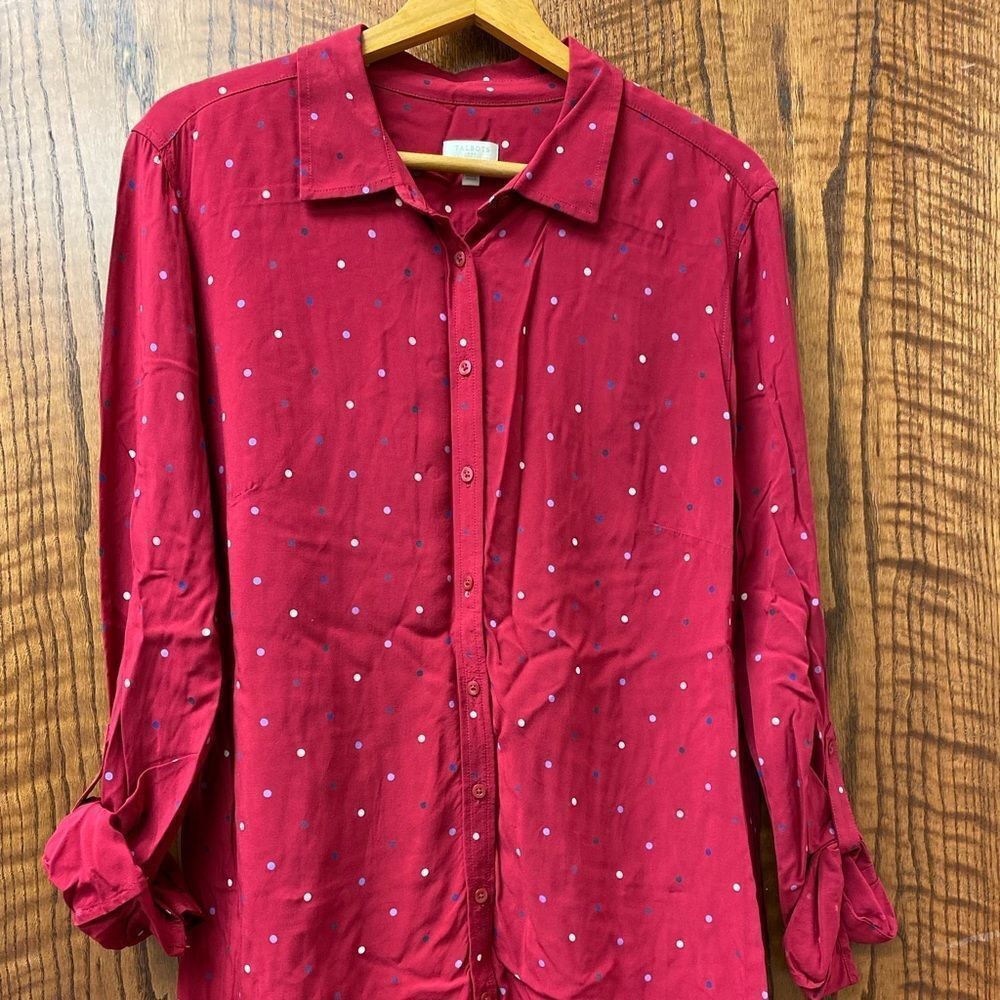 Talbots magenta multi‎ colored polka dot button down rayon camp shirt